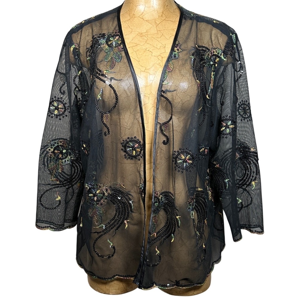 Le Bos Black Mesh Sequin Beaded Embroidered Cardigan Jacket Sheer Whimsigoth